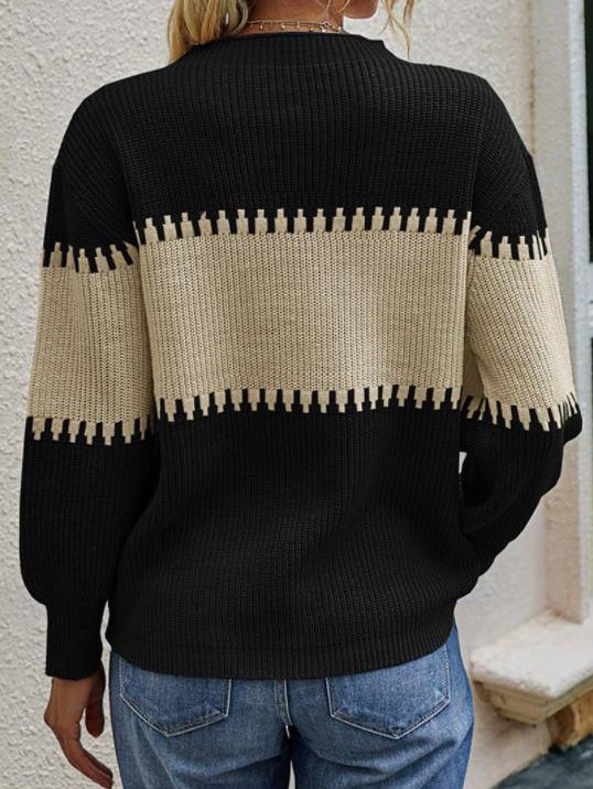 Vintage Color Block Off Shoulder Loosen Sweater