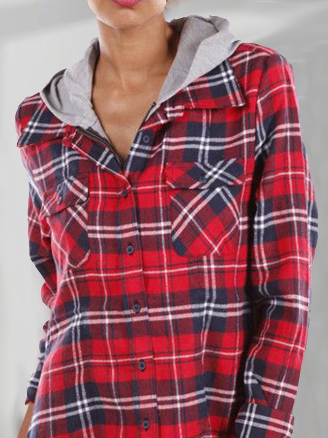 Hooded Grid Casual Tops