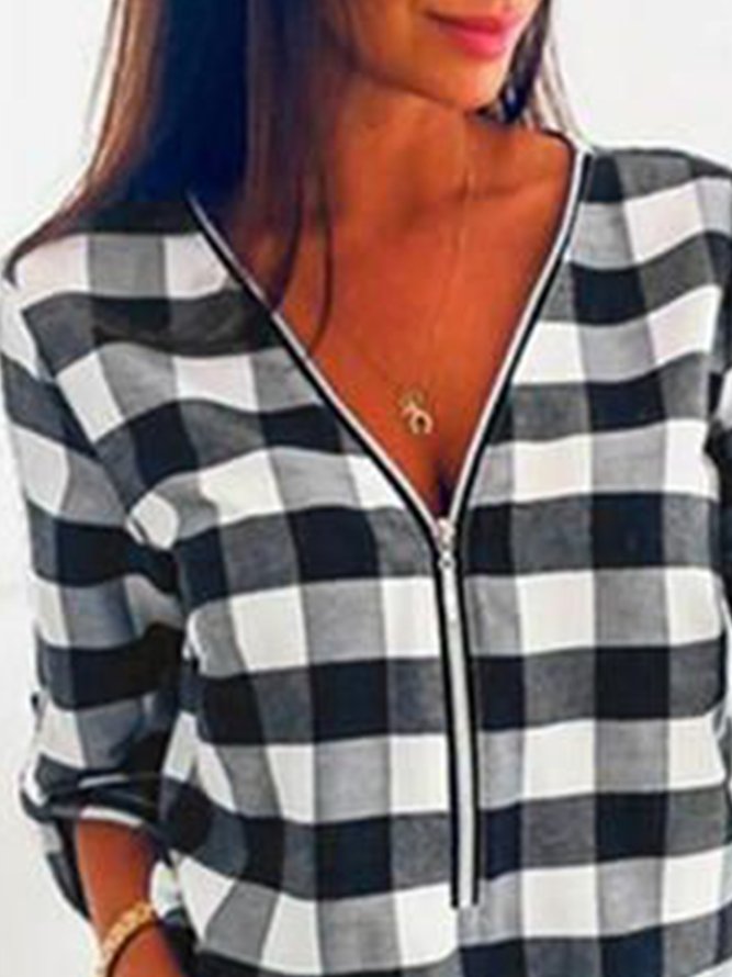 Long sleeve V-neck zipper Vintage Plaid top T-shirt women
