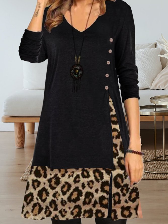 Long sleeve V-neck fake two piece leopard knit elastic casual dress