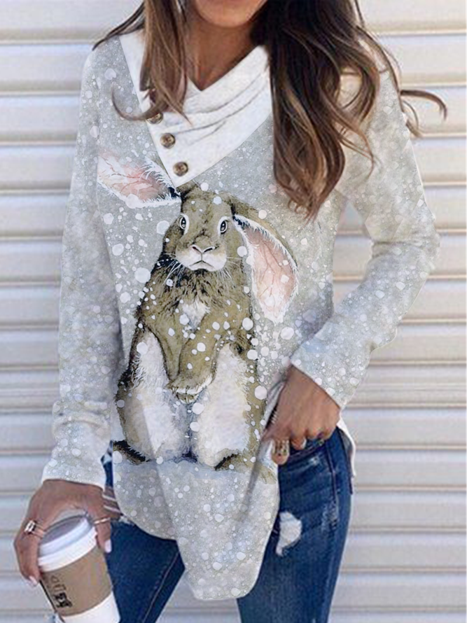 Long sleeve pile collar landscape snow print rabbit photo Top Sweater t-shirt female