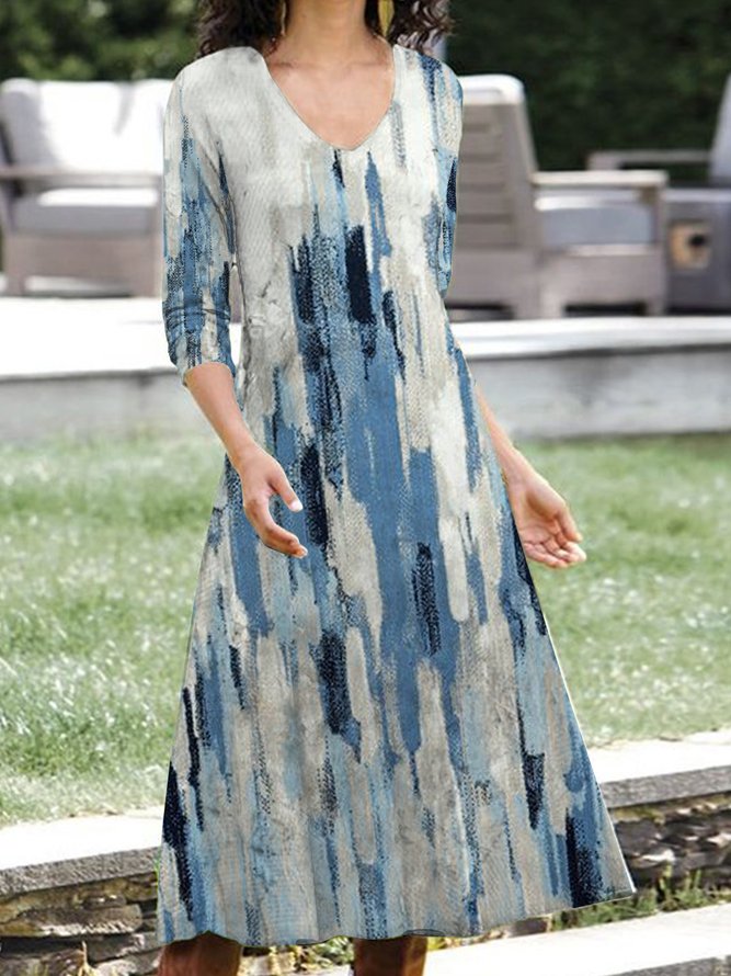 New women's geometric stripe gradient printed V-Neck long sleeve knitted elastic dress