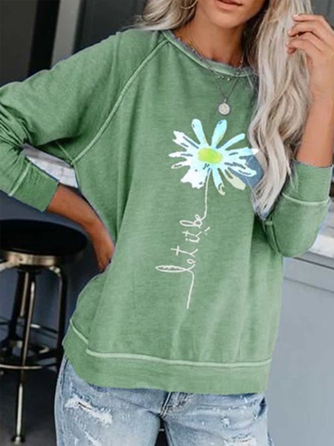Light Blue Printed Round Neck Cotton-Blend Top