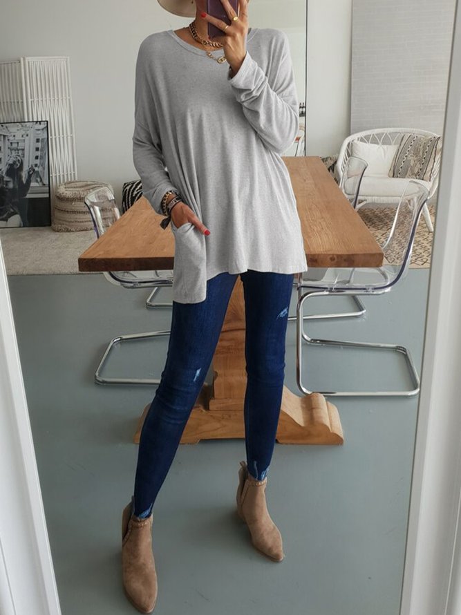 Loose Plain Round Neck Shirt & Top