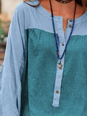 Color Block Cotton-Blend Long Sleeve Casual V Neck Shirt & Top