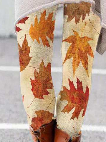 Casual Leaves Cotton Blends Skinny Pants