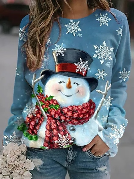 Women Christmas Snowman Printed Holiday Casual Long Sleeve Sweatshirts