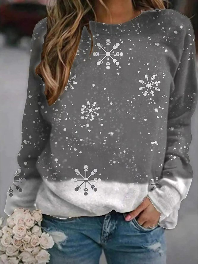 Christmas Snowflake Casual Color Block Loose Sweatshirt
