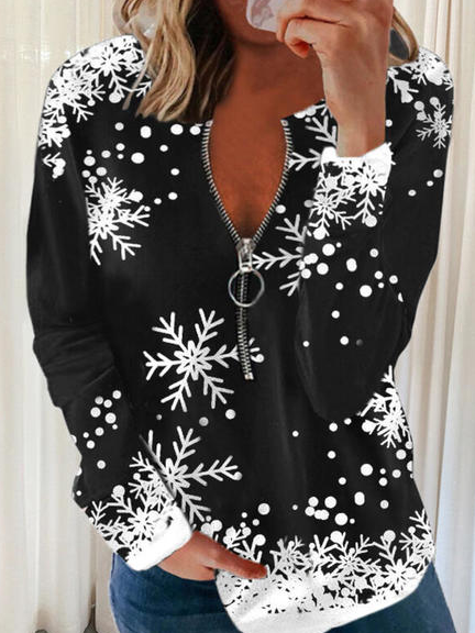 Christmas Snowflake V-neck Long Sleeve Sweatshirts