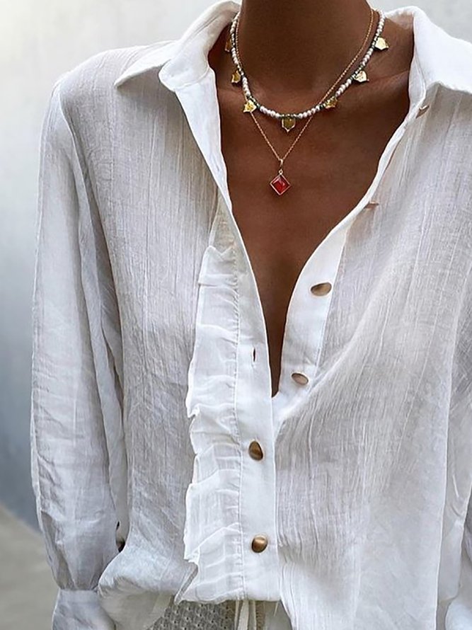 Vintage Long Sleeve Shirt Collar Casual Solid Blouse