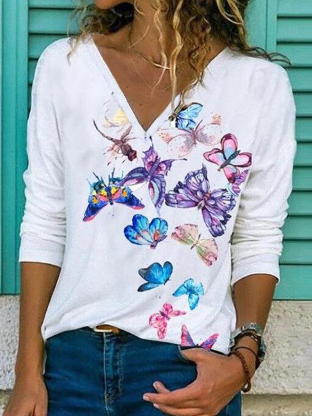 Butterfly Printed V Neck Raglan Sleeve T-shirt