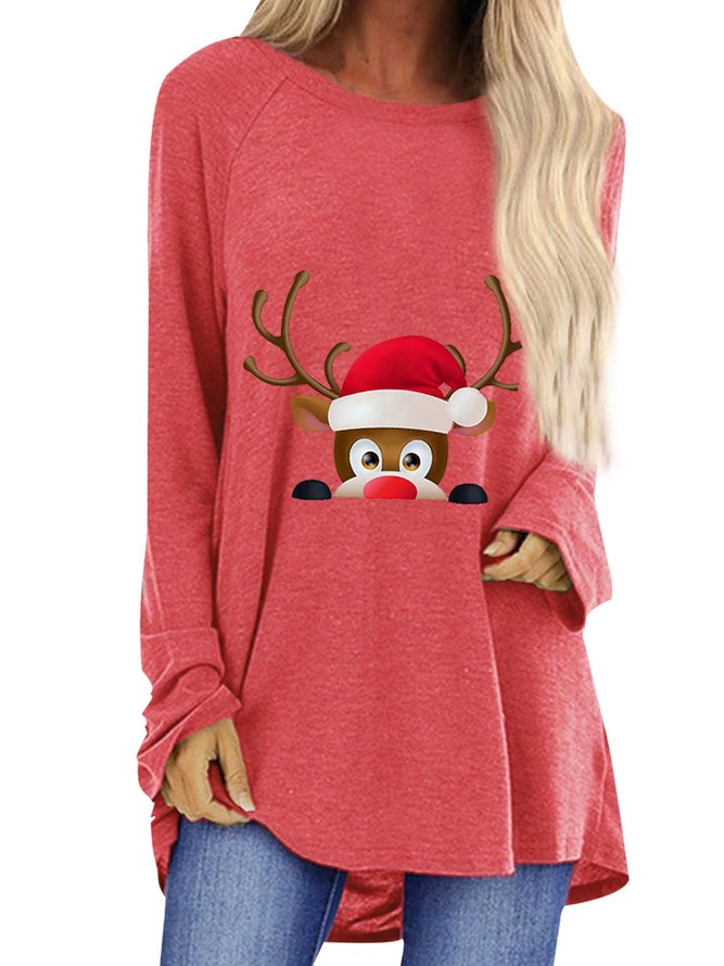 Christmas creative print loose round neck long sleeve T-shirt for women