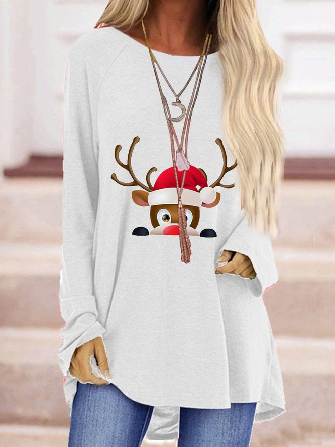 Christmas creative print loose round neck long sleeve T-shirt for women
