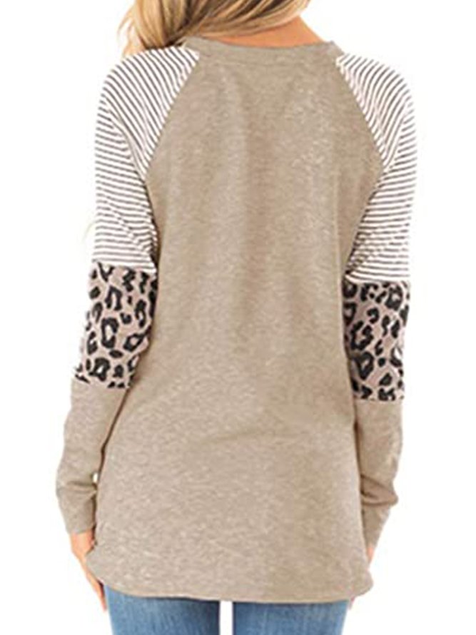 Round Collar And Leopard Print Patchwork Top, Cute Cat Shirt & Top