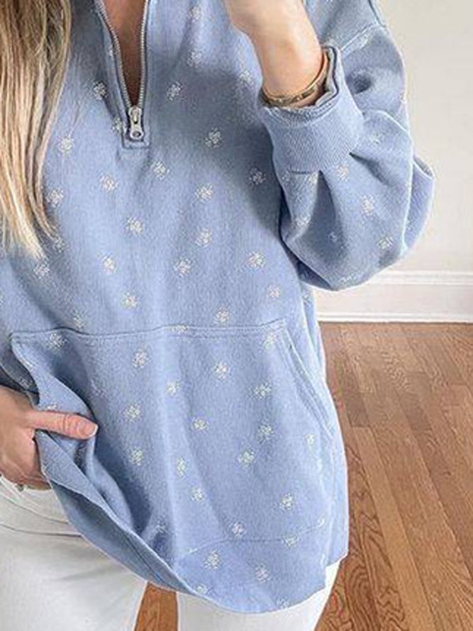 Floral Stand Collar Casual Sweatshirt