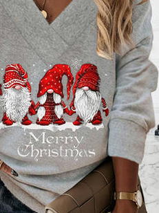 Christmas V Neck Cotton Blends Loosen Sweatshirts
