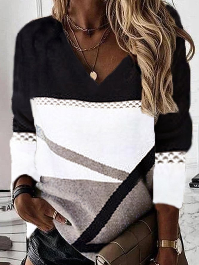 V neck Casual Striped Sweatshirt