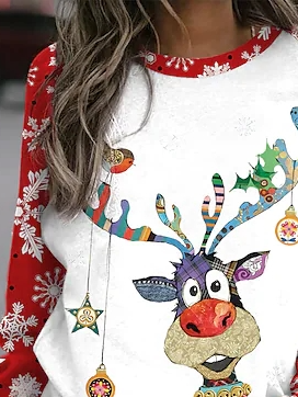 Women Casual Christmas Deer With Decorations Crew Neck Long Sleeve Sweatshirts