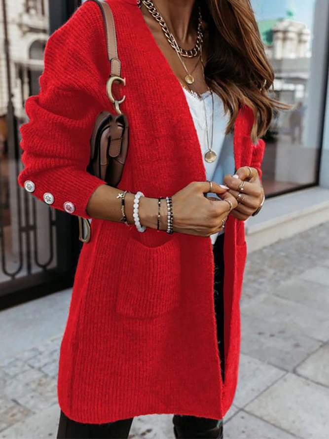 Red Solid Long Sleeve Open Front Cardigan Sweater coat