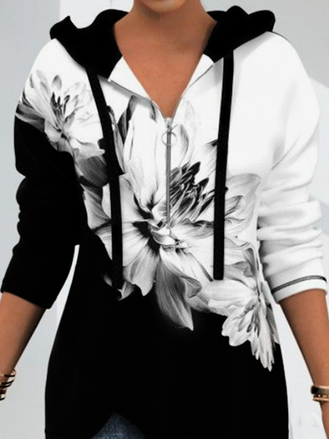 New V-neck elastic knitting elastic gradient flower zipper top women's sweater