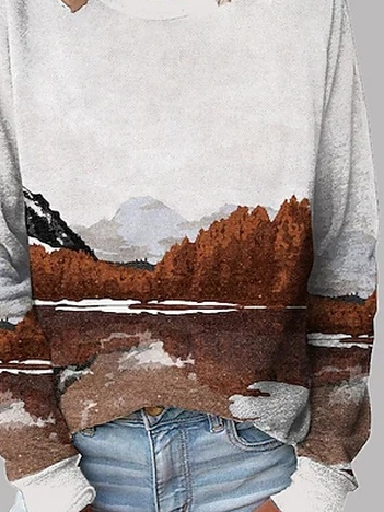 Landscape Painting Cotton Blends Crew Neck Sweatshirts