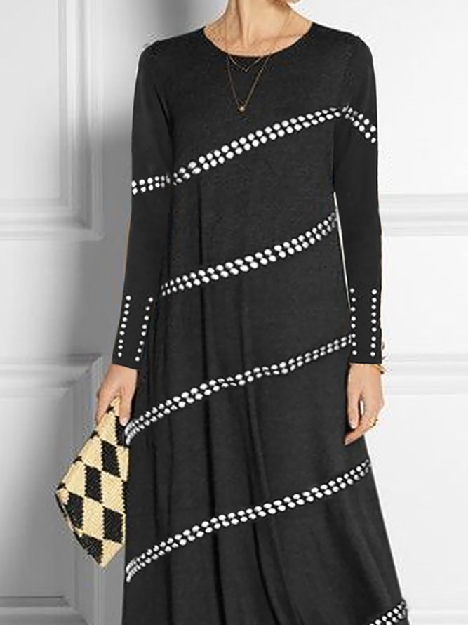Fashion Geo Stripe Print Long Sleeve Round Neck Maxi Dress