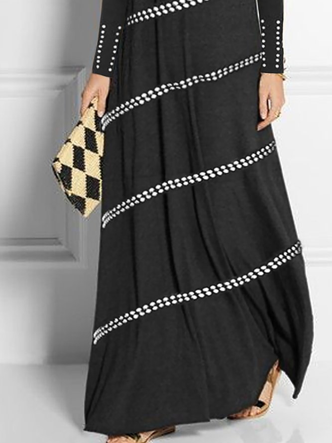 Fashion Geo Stripe Print Long Sleeve Round Neck Maxi Dress