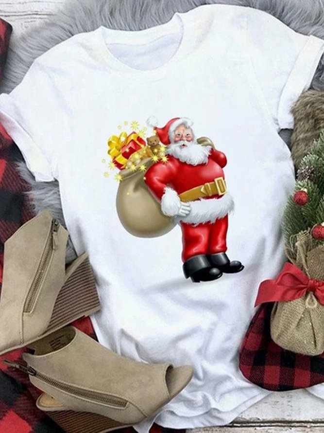 Christmas Loosen Crew Neck Cotton Blends Short Sleeve T-Shirt