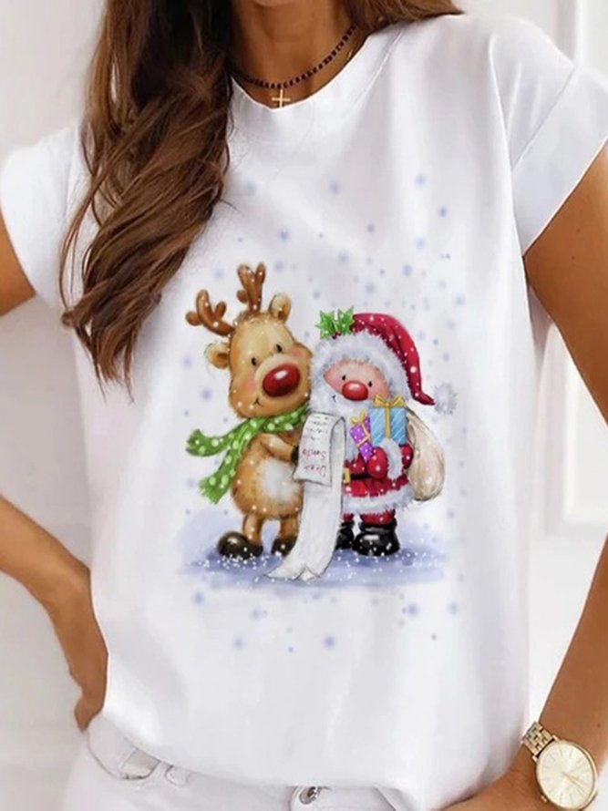 Christmas Loose Crew Neck Cotton Blends Short Sleeve T-Shirt