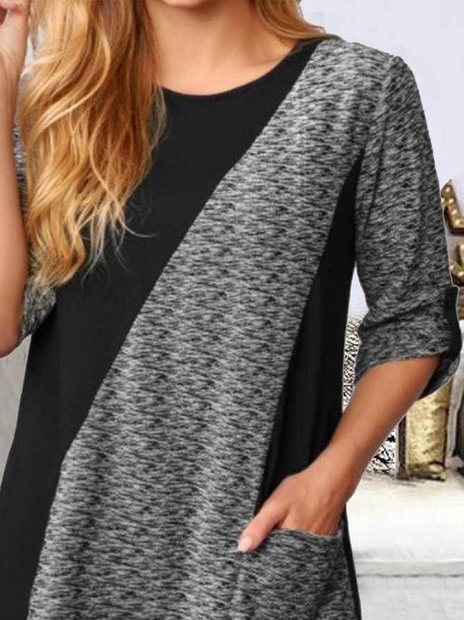 Contrast Stitching Round Neck Casual Long-sleeved Shirt & Top