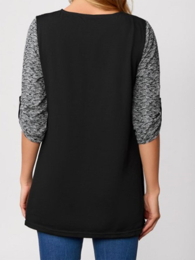 Contrast Stitching Round Neck Casual Long-sleeved Shirt & Top