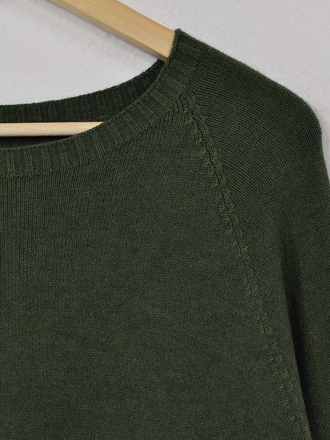 Green Raglan Sleeve Round Neck Solid Color Casual Sweater