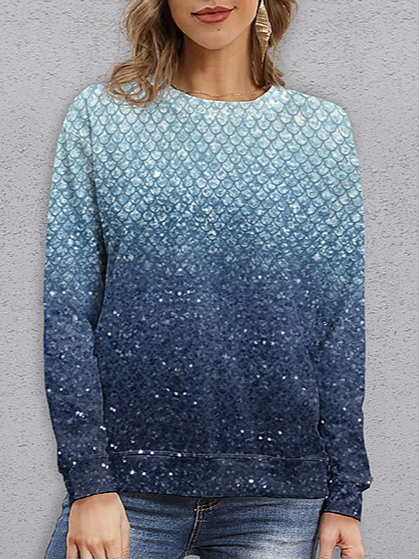 Loosen Crew Neck Sweatshirtss Blue gradient shiny fish scale Sweatshirtss