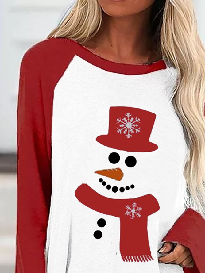 Christmas Snowman Print Vacation Round Neck Mid-length T-shirt & Tops