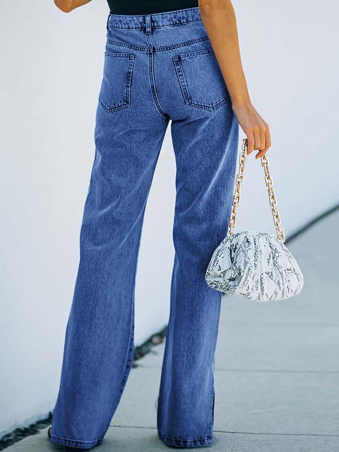 Casual Solid Color High Waist Slit-Hem Flare Jeans