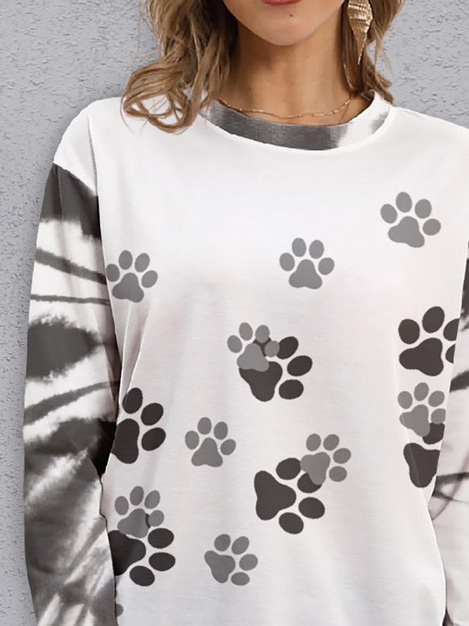 Casual Vacation Tie-Dye Paw Prints Round Neck Sweatshirt