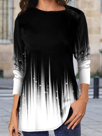 Asymmetrical Neck Ombre Printed Casual Long Sleeve Shirts & Tops