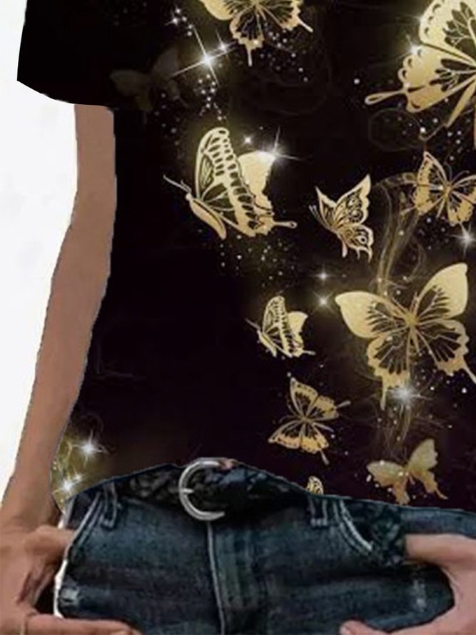 Ladies Short-sleeved Cotton Bronzing Butterfly T-shirt