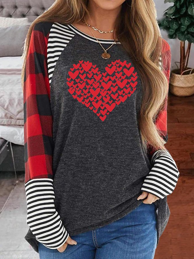 Valentine's Day Shirt for Women Love Heart Print Graphic Tee Top Buffalo Plaid Long Sleeve T-shirt Top