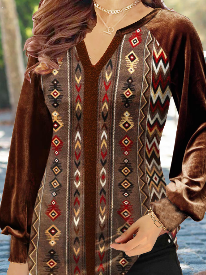 Long sleeve V-neck notched neck solid color stitching geometric national style pattern gorgeous VELVET TOP Plus Size