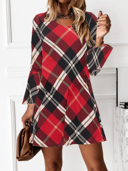 Striped/Plaid Long Sleeve Flare Sleeve Shift Above Knee Casual Tunic Knitting Dress