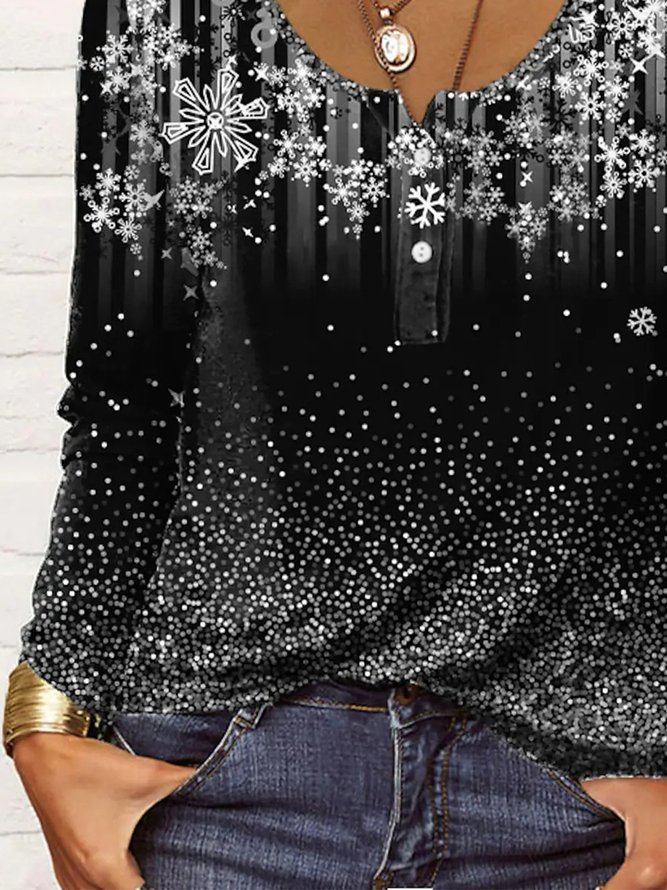 Casual Crew Neck Ombre Snowflake T-shirt
