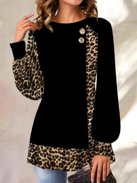 Casual Leopard Print Stitching Long-sleeved Top