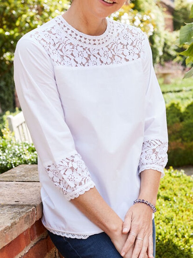Lace Cotton Blends Loosen Solid Shirts & Tops