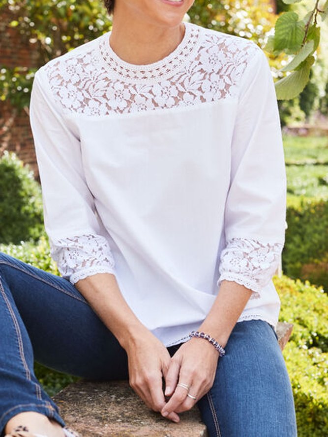 Lace Cotton Blends Loosen Solid Shirts & Tops