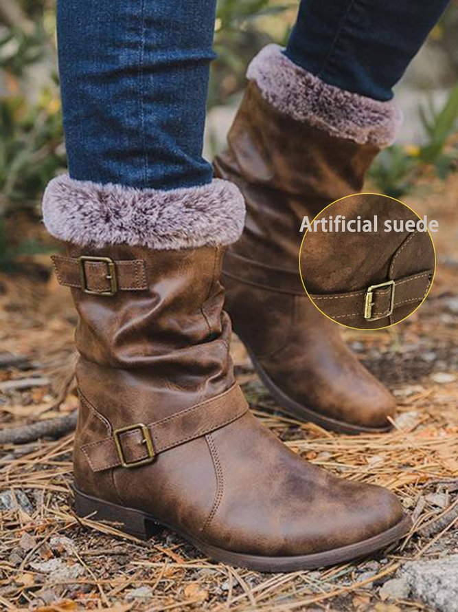 Simple Pleated Belt Buckle Suede Boots