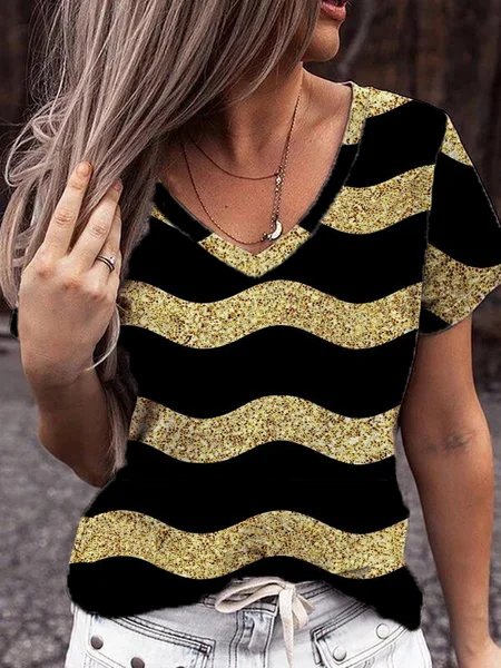 V Neck Striped Loose T-shirt