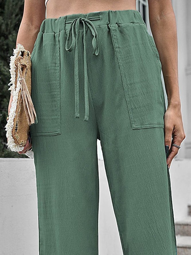 Plain color patterned cotton linen loose straight pants pants pocket rubber waist drawstring pants Plus Size