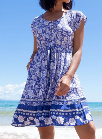 Floral Cotton Blends Regular Fit Scoop Neckline Casual Vacation Dresses