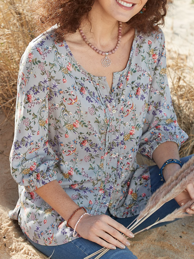 Vacation Floral Print Round Neck Casual Shirts & Tops